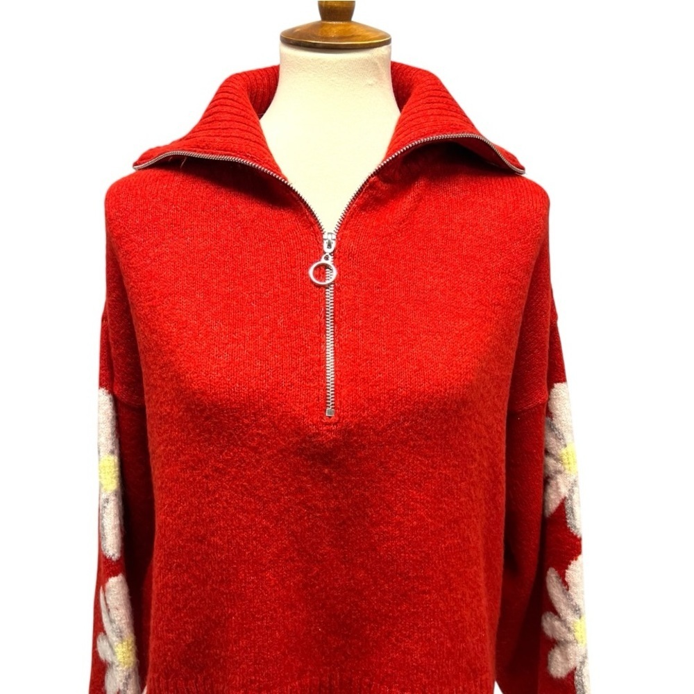 TOPSHOP Red Daisy Quarter Zip Collared Crop Cozy Knit Sweater Womens 10 - Picture 8 of 15